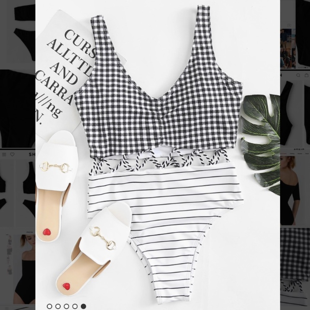 Gingham and striped tassel tie swimsuit